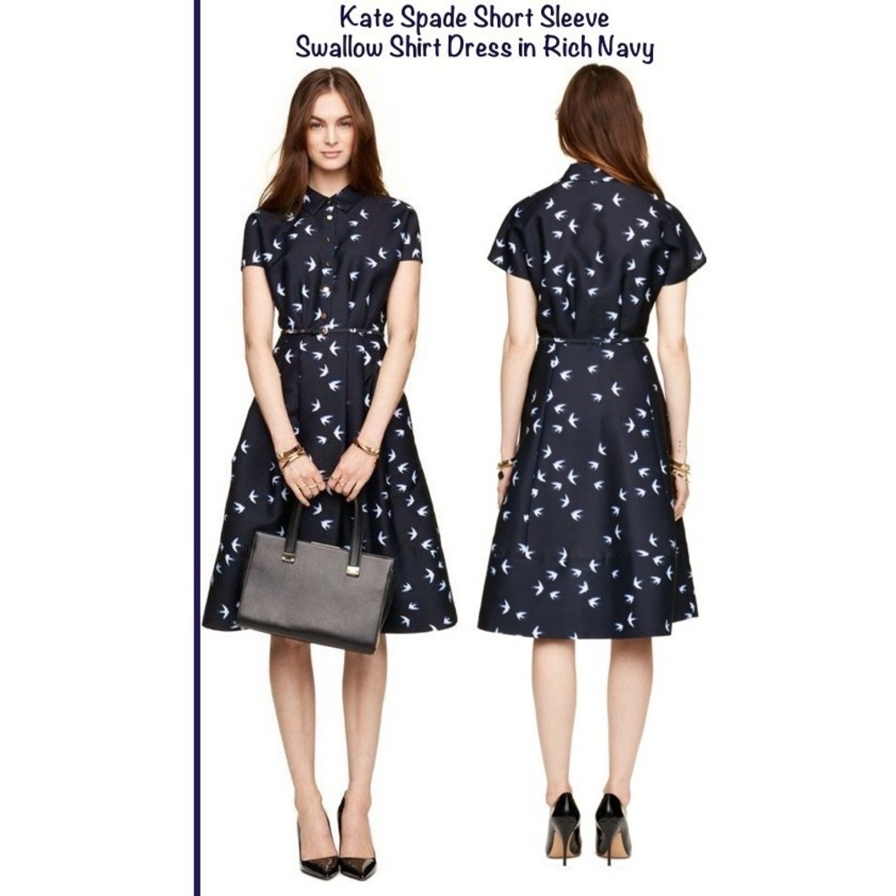 NWT Kate Spade Structured Navy Belted Bird Swallow Shirt Dress 0 00 XS XXS $498
